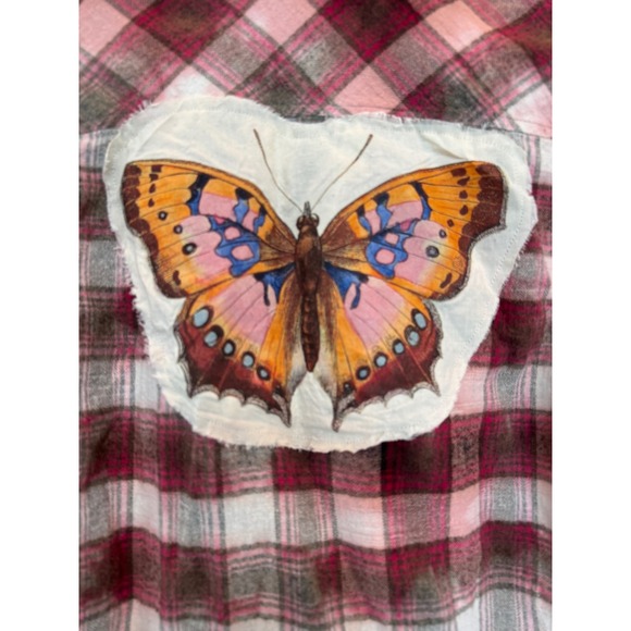 Vintage Pink Plaid Butterfly Patch Flannel S - Picture 3 of 7